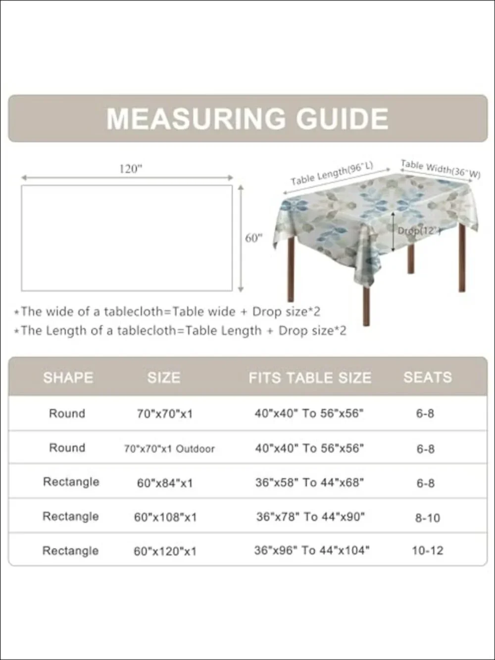 Leaf Printed Rectangle Tablecloth 60x84 Waterproof Slub Fabric